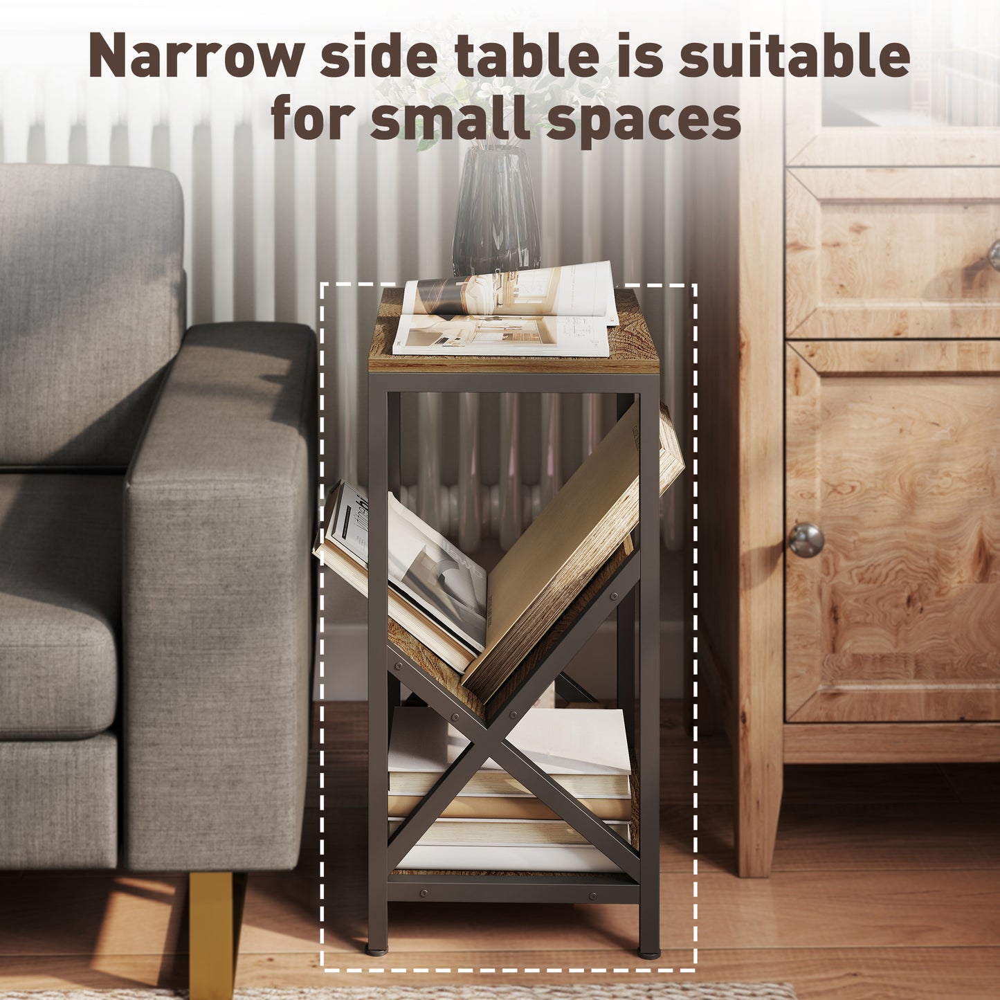 Elfi Nere Wooden Oak Narrow Side Table With 3 Tier Storage and V Shaped Magazine Holder 40 x 30 x 61 cm