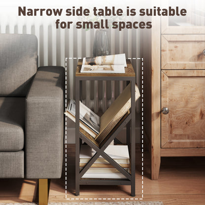 Elfi Nere Wooden Oak Narrow Side Table With 3 Tier Storage and V Shaped Magazine Holder 40 x 30 x 61 cm