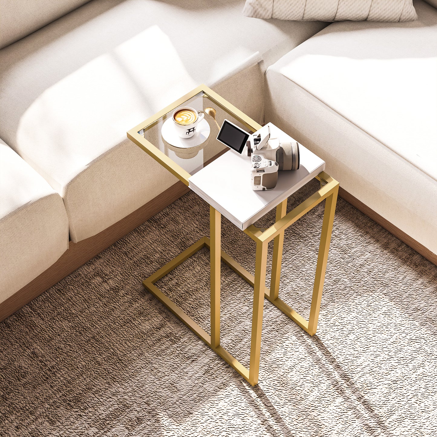 Ramise Gold Metal And Glass Slim C Shaped Side Table