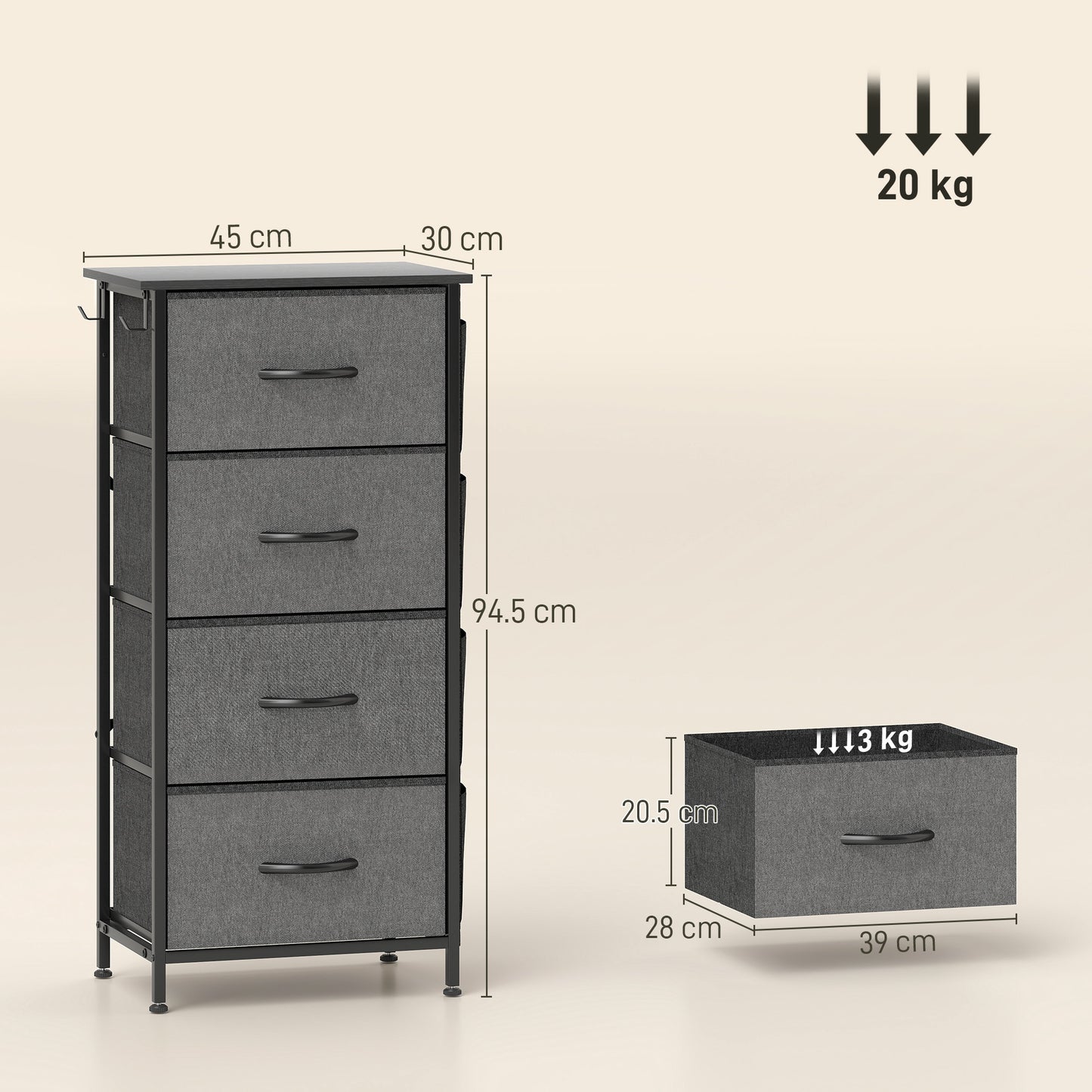 Lolova Fabric And Metal Charcoal Grey 4 Drawer Storage Chest