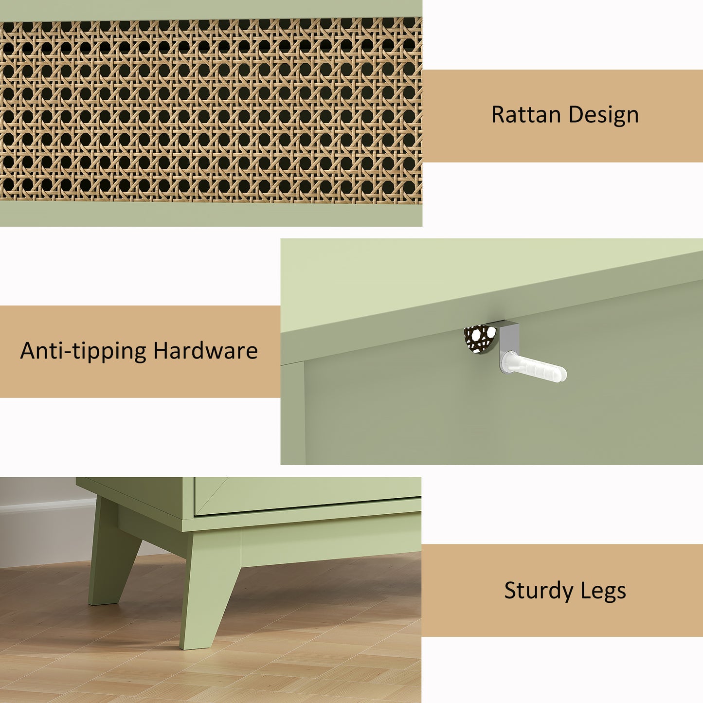 Raritte Wood And Rattan Light Green 4 Drawer Storage Chest With Woven Detail