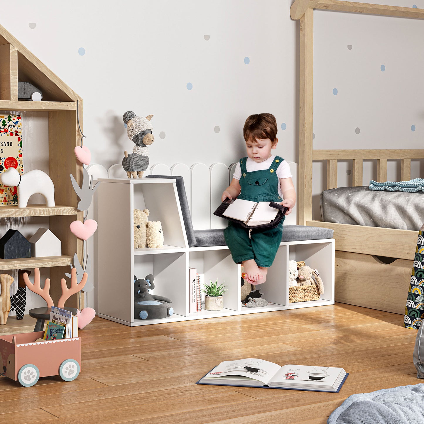 Litadi Wood White Cube Bookcase With Cushioned Seat And Storage Cabinet