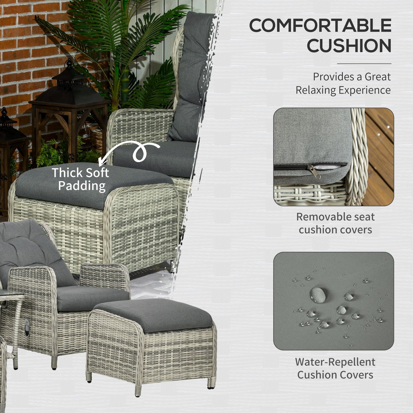 Lusuva Faux Rattan Grey 5 Piece Reclining Bistro Set With Footstools Cushions And Glass Table
