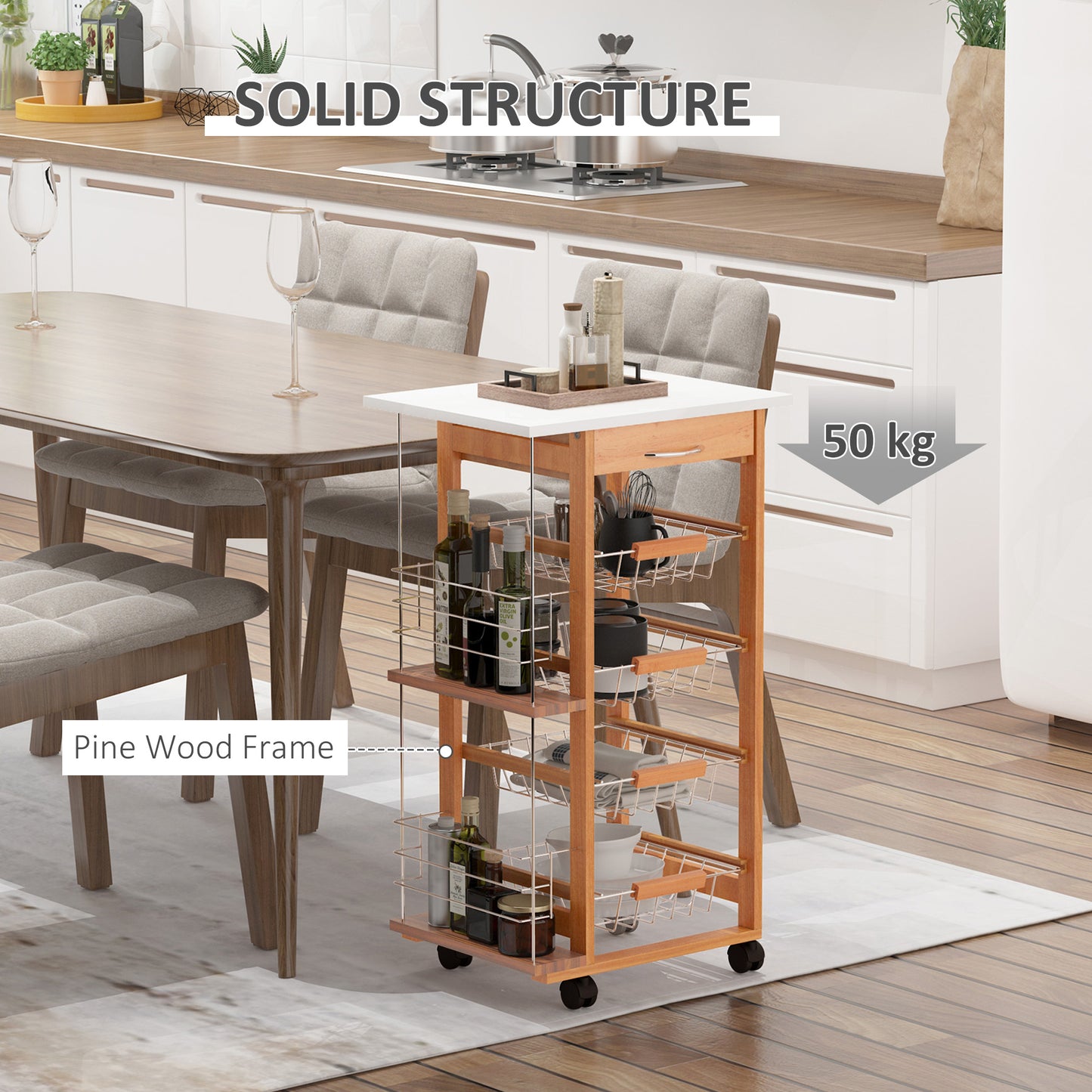 Domo Natural Wood Rolling Kitchen Cart With 4 Basket Drawers And Side Racks