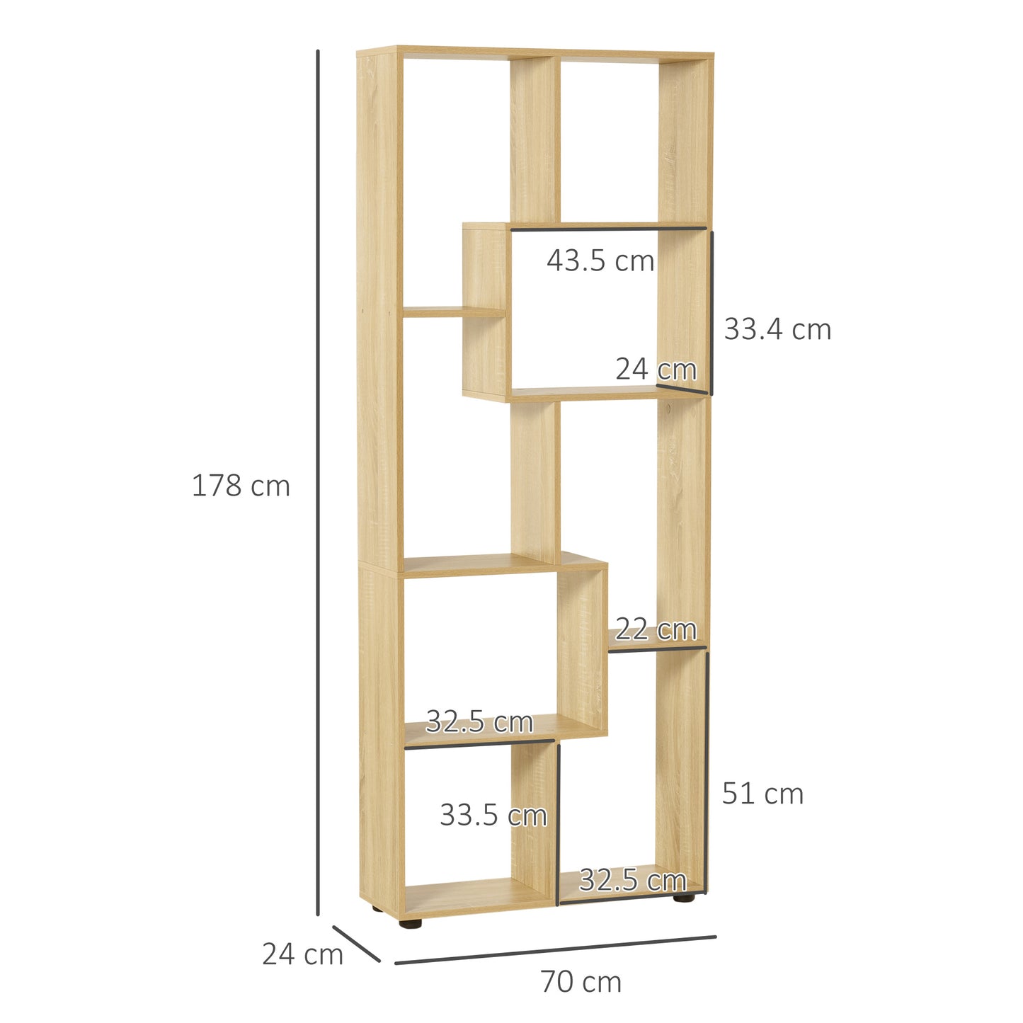 Nevi Ludo Wood Natural Finish Tall 8 Cube Bookcase Room Divider With Freestanding Shelving 70 x 24 x 178 cm