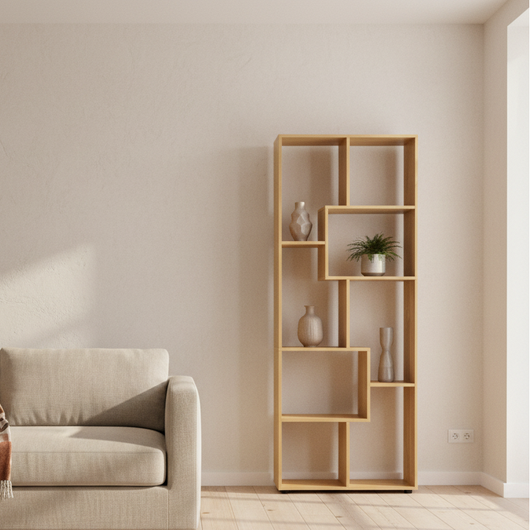 Neviludo Wood Natural Finish Tall 8 Cube Bookcase Room Divider With Freestanding Shelving 70 x 24 x 178 cm