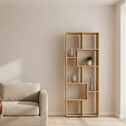 Neviludo Wood Natural Finish Tall 8 Cube Bookcase Room Divider With Freestanding Shelving 70 x 24 x 178 cm