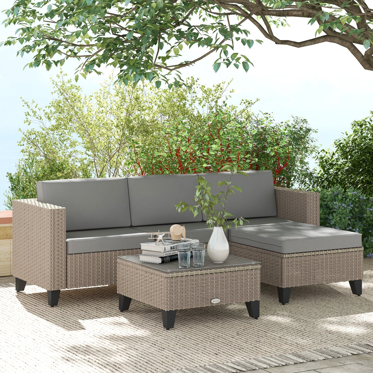 Mofilo Rattan Brown 3 Seater Garden Furniture Set With Corner Sofa and And Coffee Table