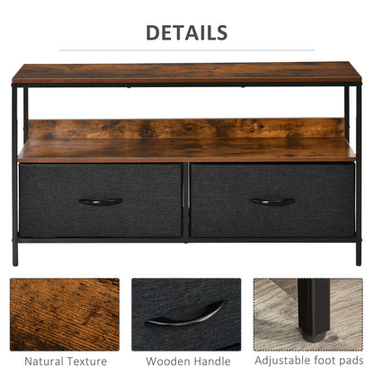 Lelo 98cm Wooden Rustic Brown TV Stand With 2 Fabric Fold Down Storage Drawers