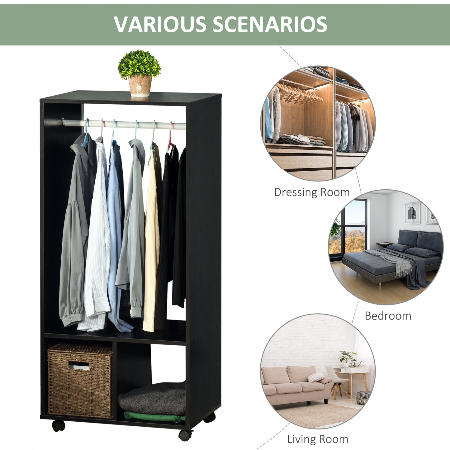 Beladell Small Black Open Wardrobe On Lockable Wheels With Hanging Rail And 2 Shelves