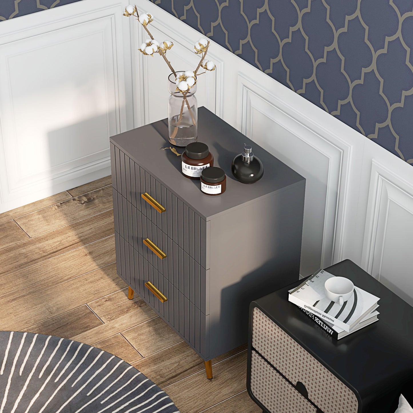 Momase Tall Wooden Grey And Gold Tone 3 Drawer Embossed Bedside Table