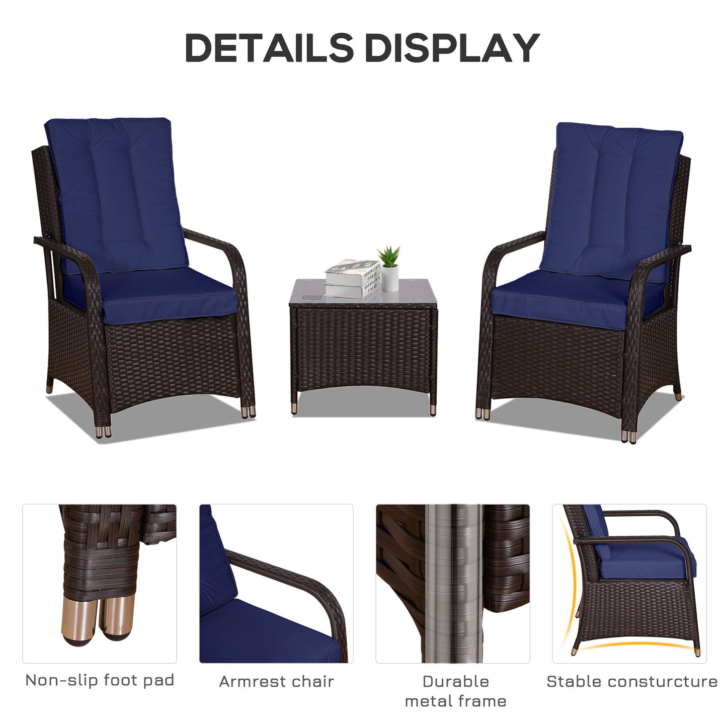 Rereha Dark Blue Rattan 3 Piece Bistro Set With Glass Table And Protective Cover