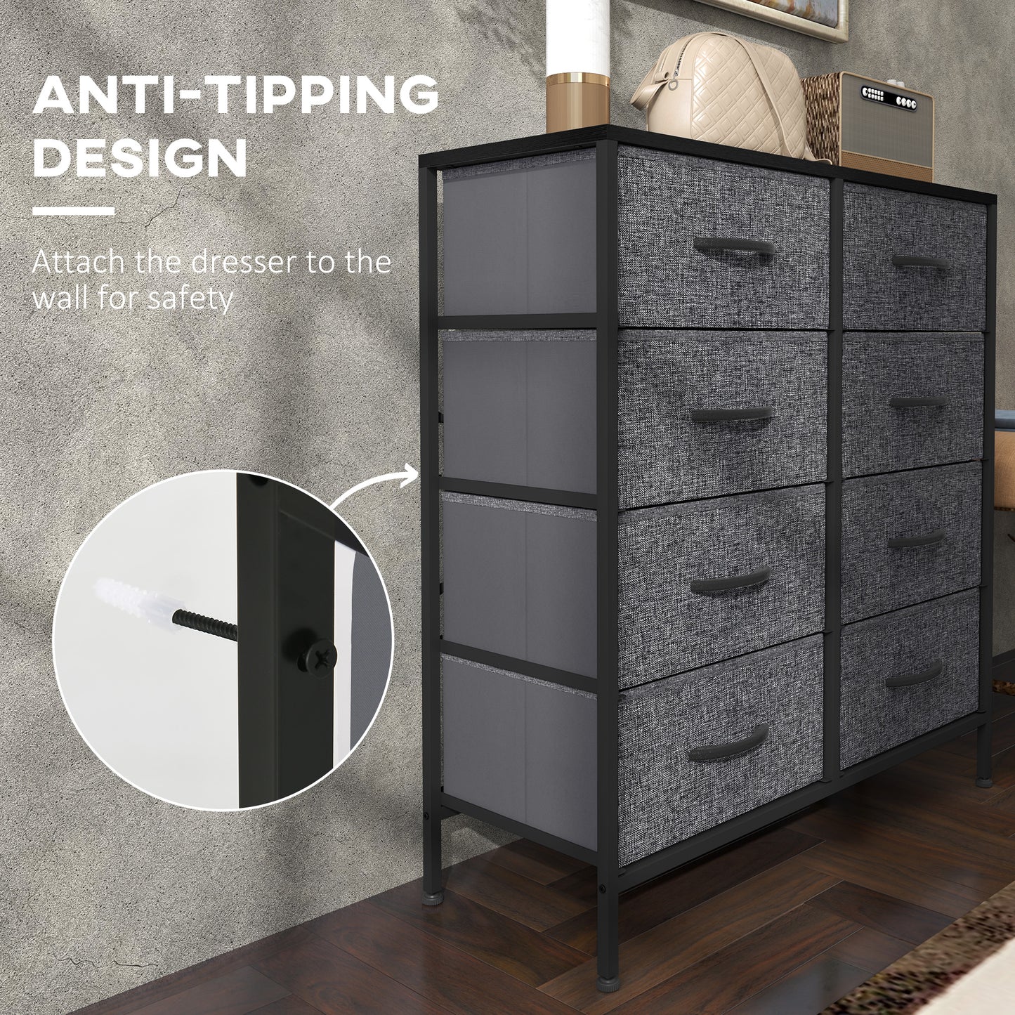 Sarofi Metal And Fabric Black 8 Drawer Industrial Storage Dresser With Steel Frame