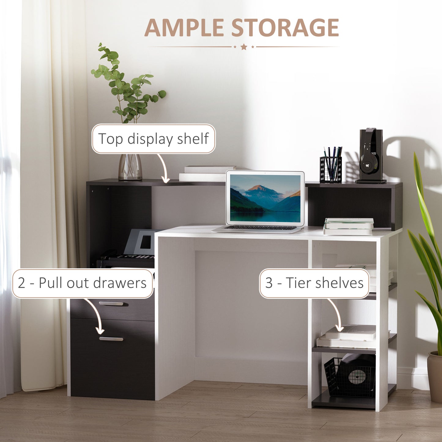 Lisodi 137cm Wooden Black And White Office Workstation Desk With Drawers Shelves And Printer Stand 137 x 55 x 92 cm