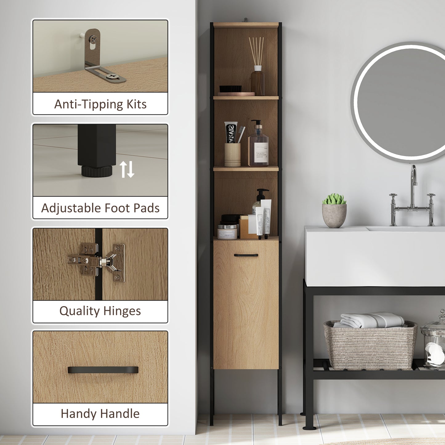 Supave Tall Bathroom Storage Cabinet With OFauxn Shelving And Adjustable Interior Natural Wood Finish