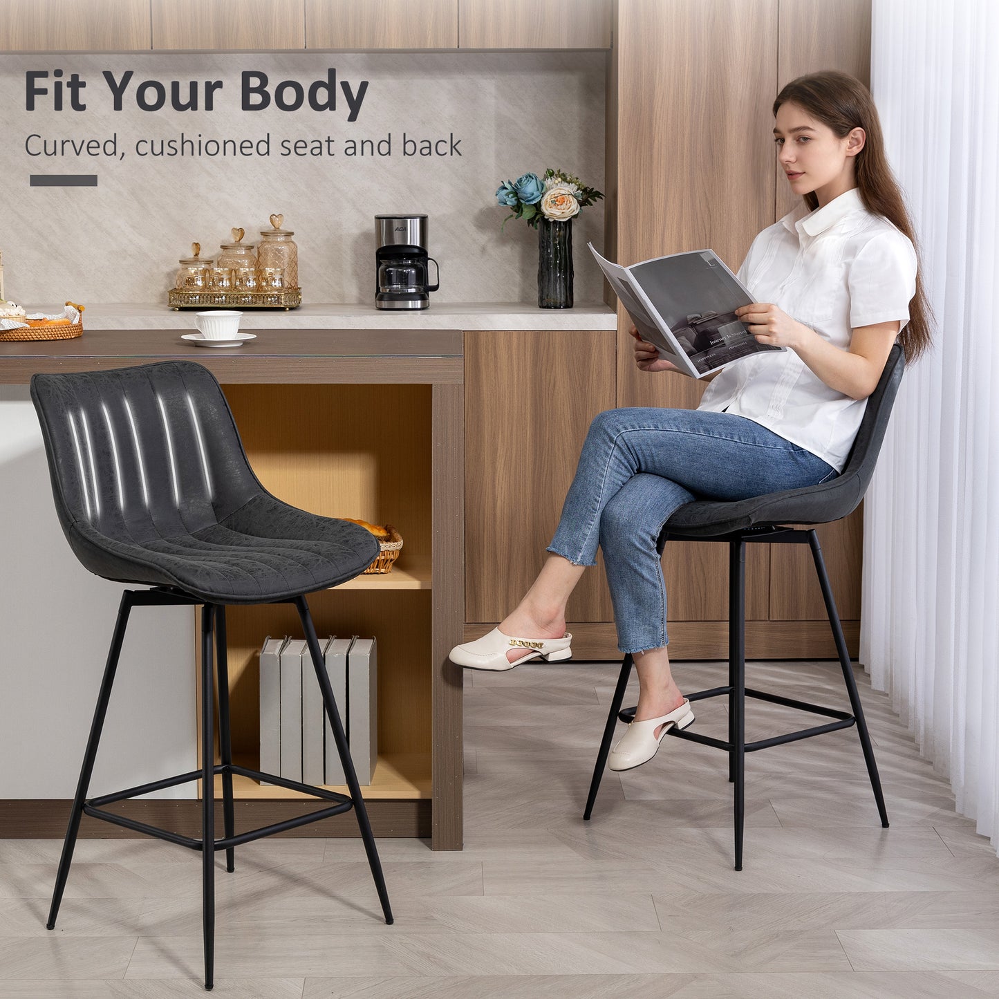 Lono Set Of 2 Black Faux Leather Swivel Counter Stools