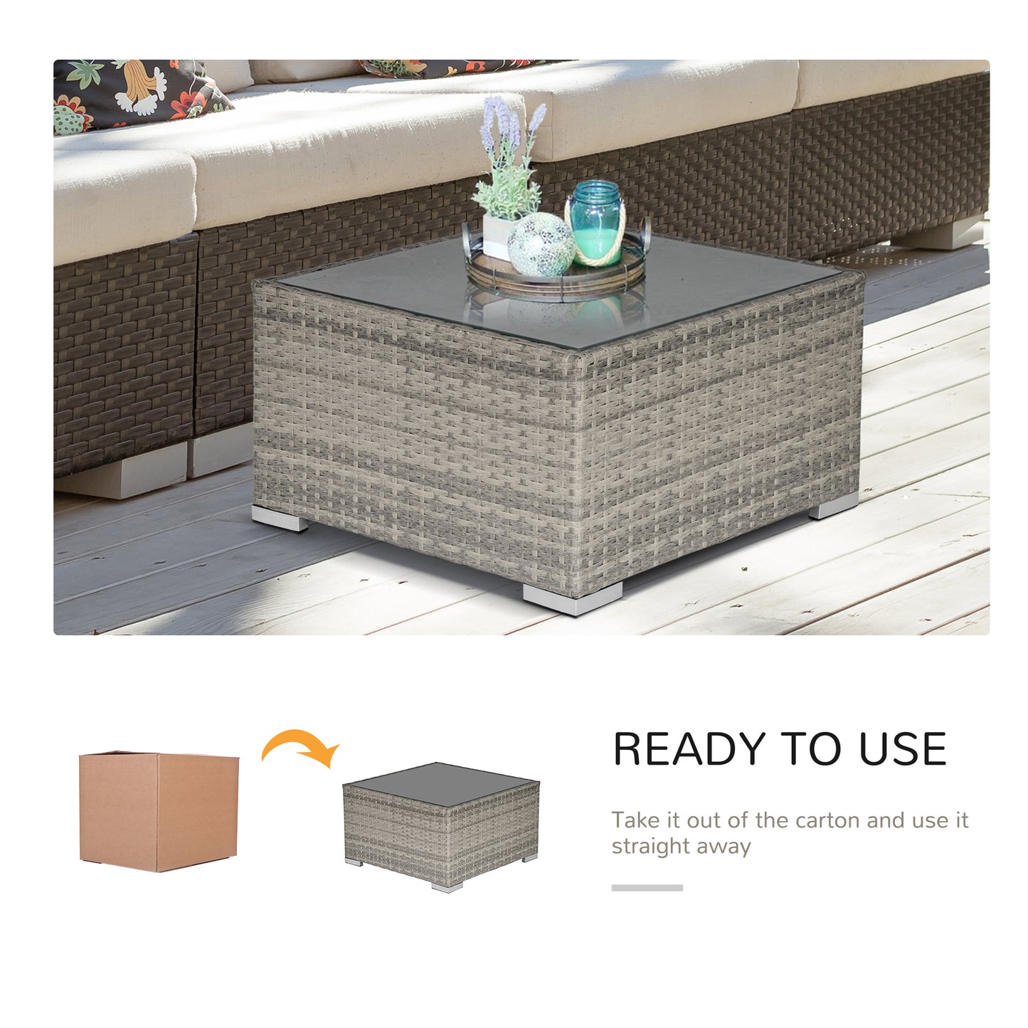 Vimito Rattan Light Grey Square Outdoor Side Table With Glass Top
