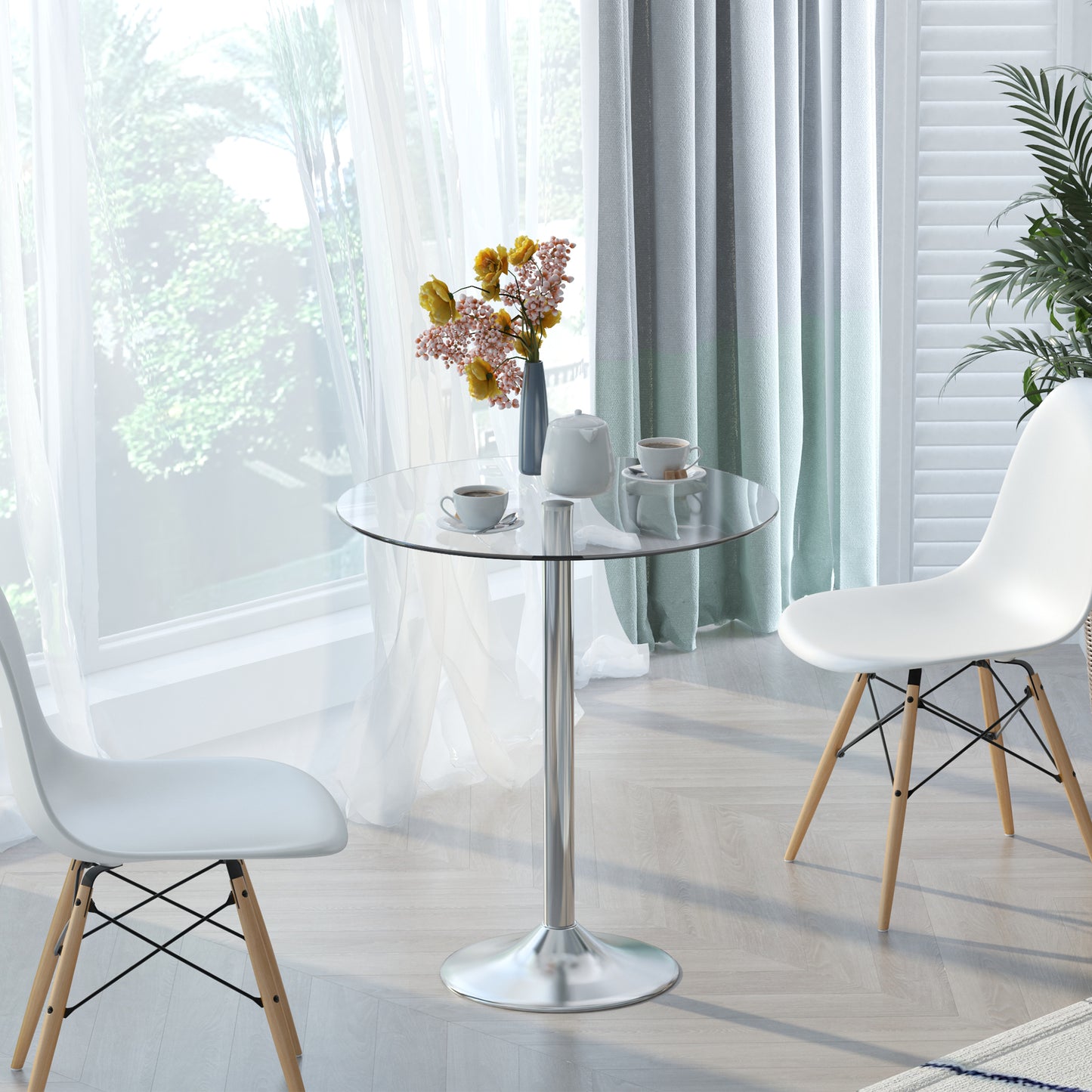 Diliha Metal And Glass Clear Round Dining Table With Steel Base For Compact Spaces
