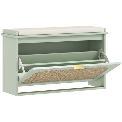 Rikena Coyo Wooden Light Green Boho Style Shoe Bench With Cushioned Seat And Flip Drawer