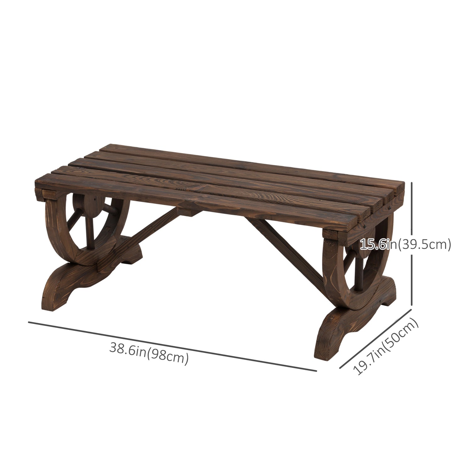 Vini Wood Brown Rustic Garden Bench With Wagon Wheel Legs And Slatted Seat For 2