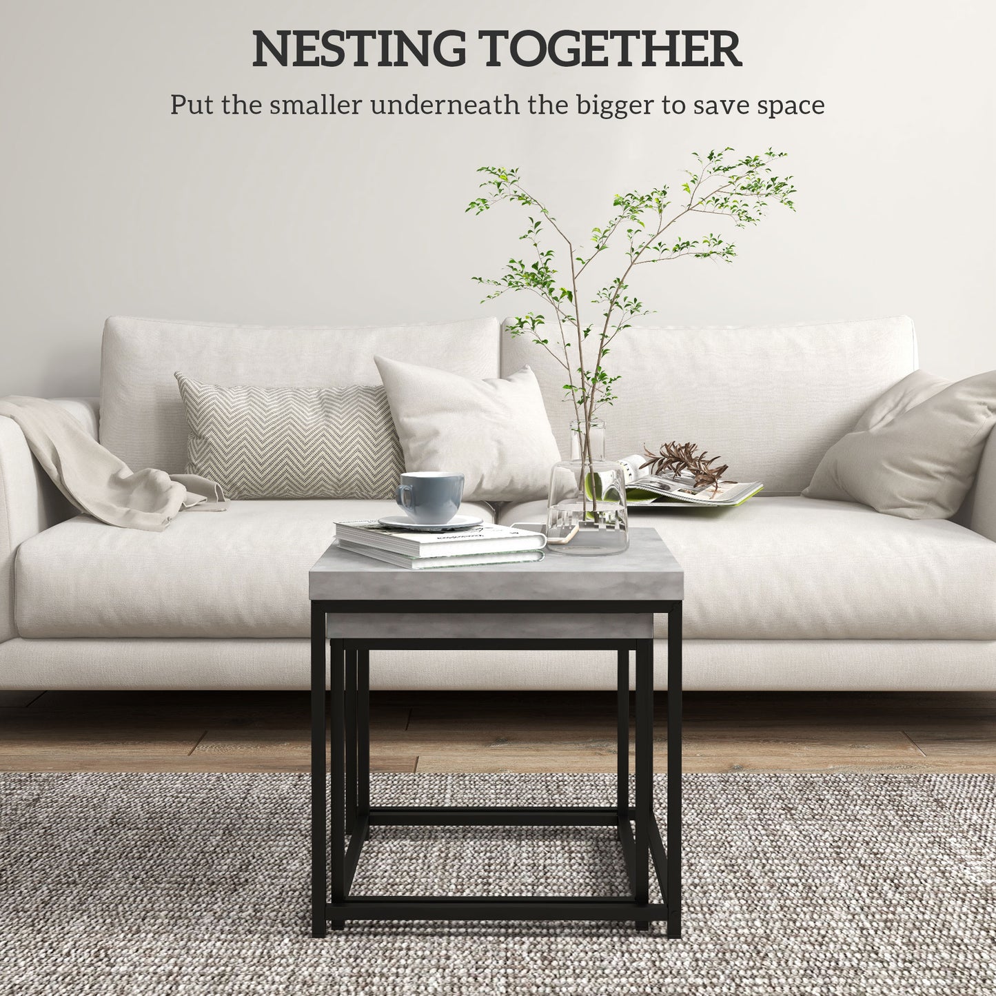 Keco Wooden Grey Set Of 2 Nesting Coffee Tables With Thick Tabletops