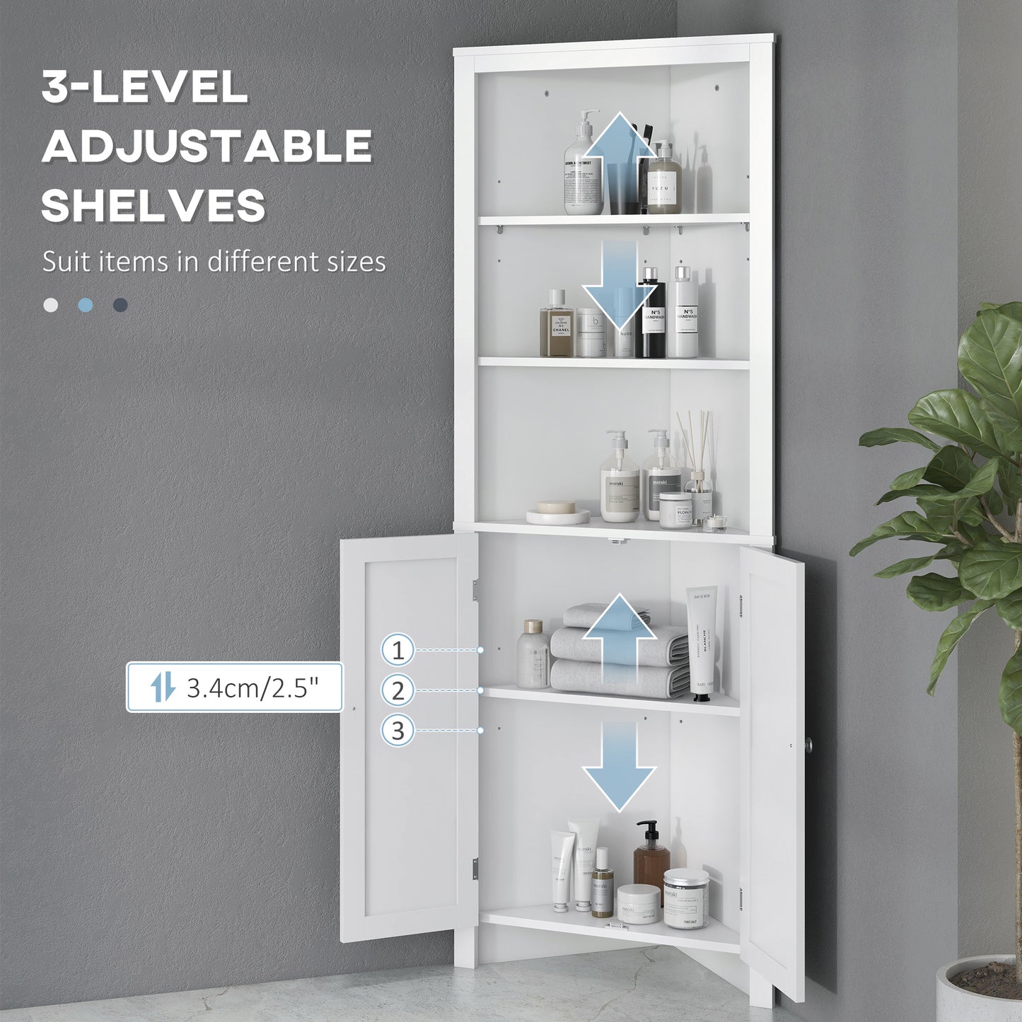 Dole Corner Bathroom Storage Cabinet With Cupboard And 3 Tier Shelves White