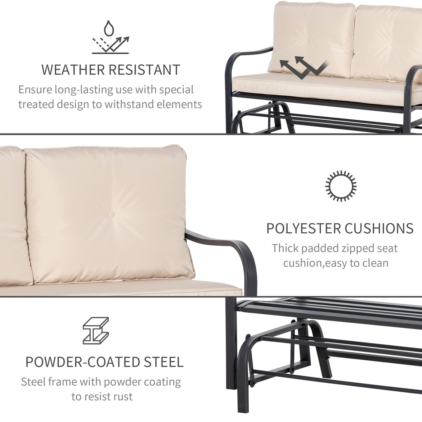 Yorota Metal And Fabric Cream 2 Outdoor Glider Bench With Cushions And Armrests