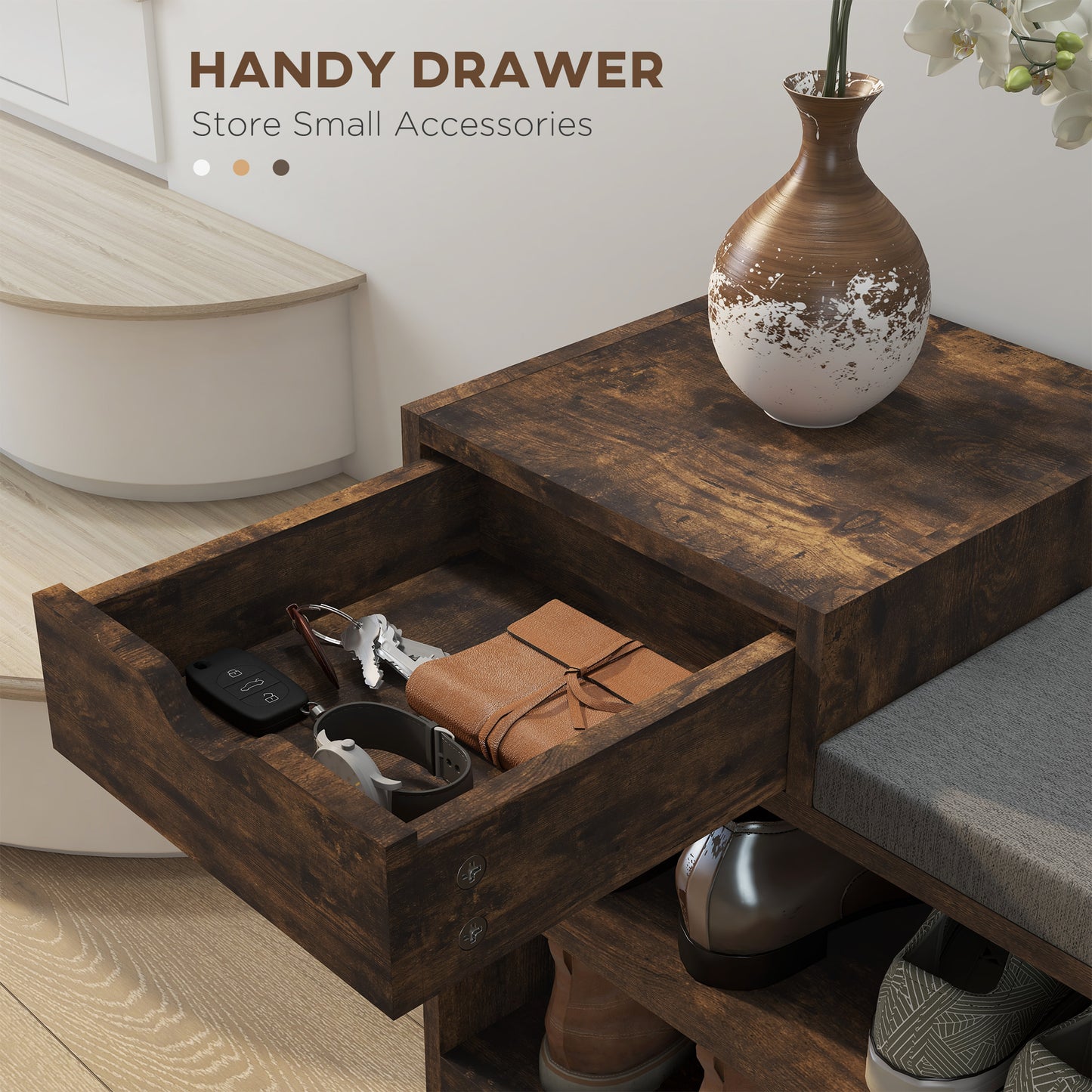 Nata Wooden Rustic Brown Multi Compartment Shoe Bench With Grey Cushioned Seat