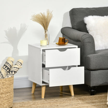 Dodomi Suke White Bedside Table With 2 Drawers And Natural Wood Legs