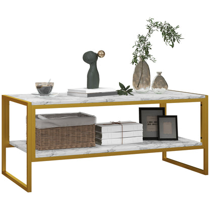 Vile Metal And Wooden White Marble Effect 2 Tier Coffee Table With Bottom Shelf