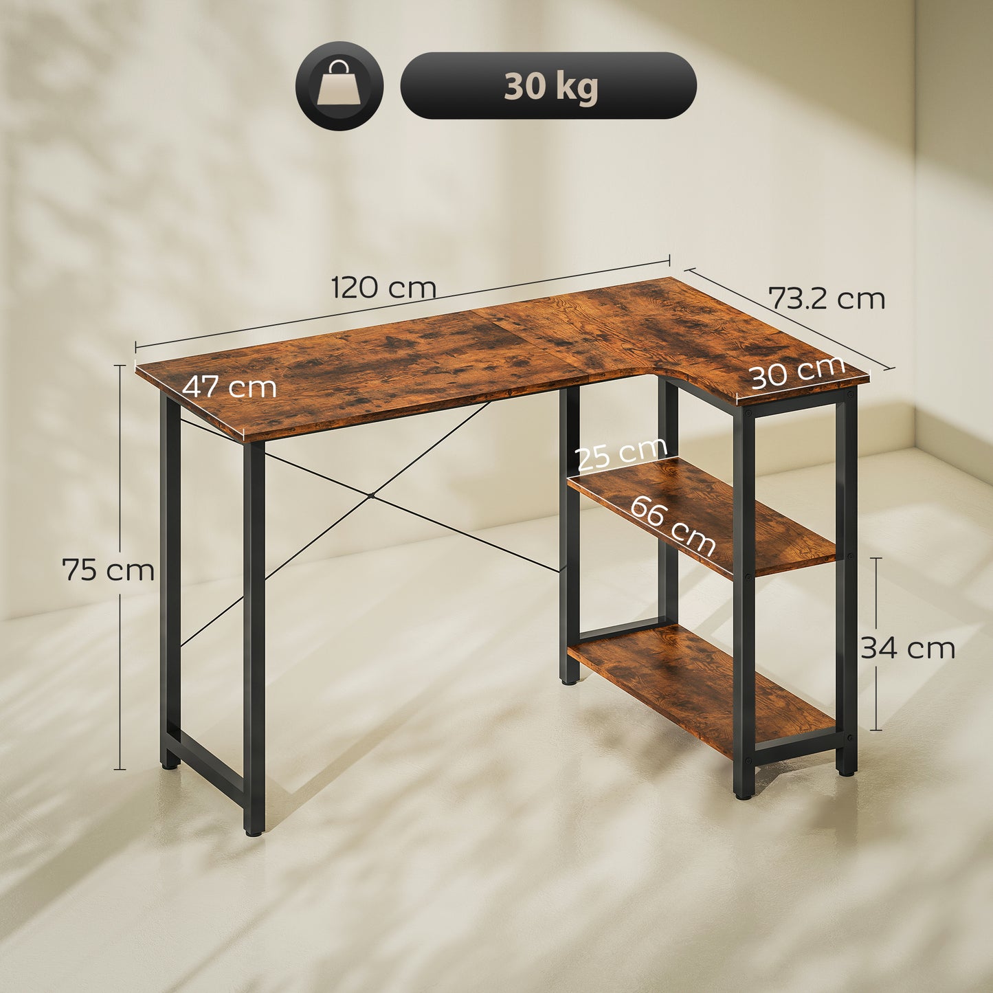 Morofi 120cm Rustic Brown L Shaped Desk with Integrated Bookshelf
