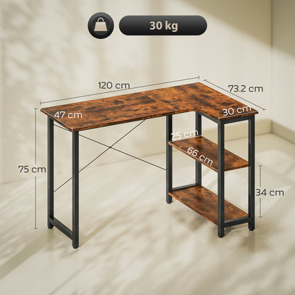 Morofi 120cm Rustic Brown L Shaped Desk with Integrated Bookshelf