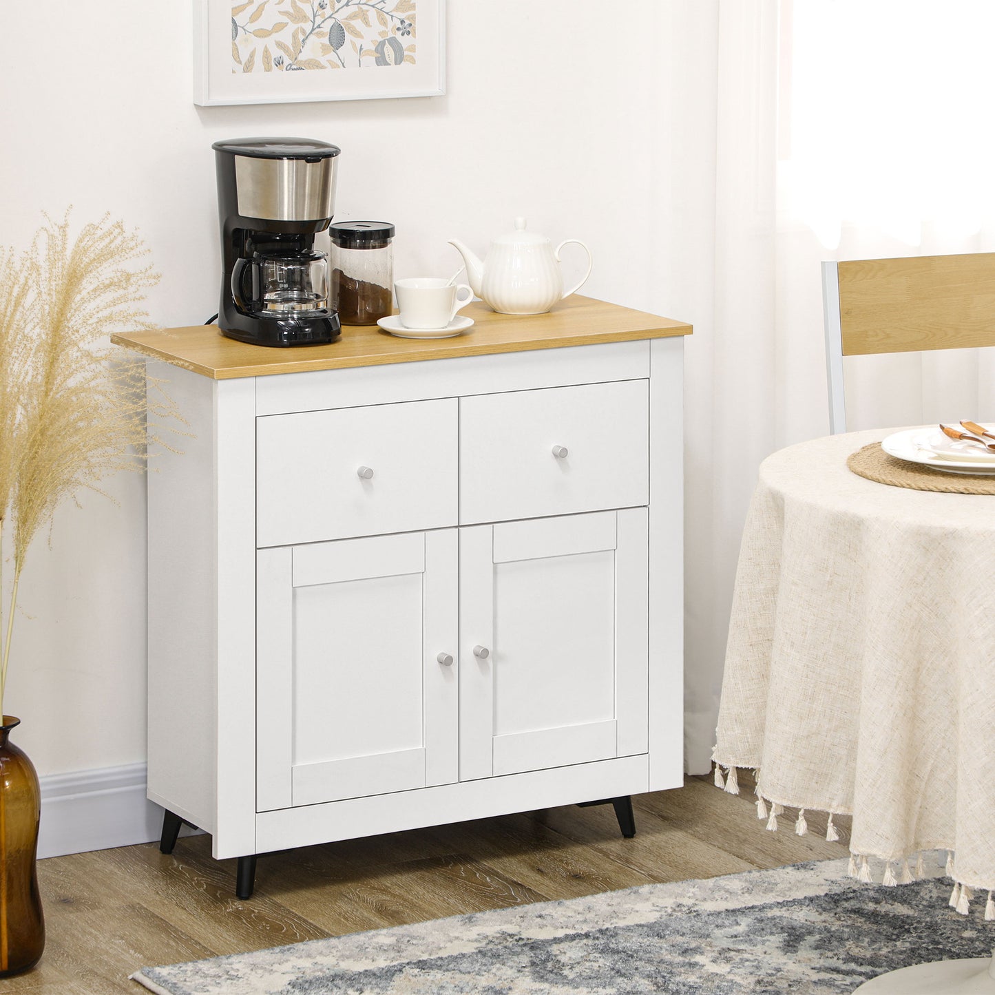 Dielro White and Natural Wooden Farmhouse Sideboard With Double Doors And 2 Storage Drawers