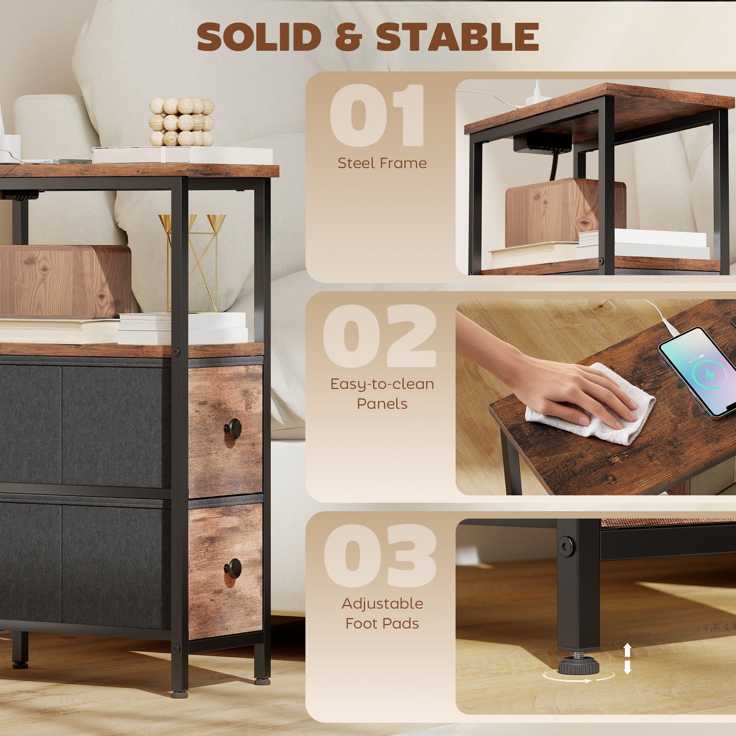Suro Wooden Narrow Bedside Table With 2 Drawers And Built In Charging Station