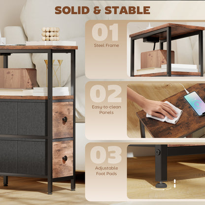 Suro Wooden Narrow Bedside Table With 2 Drawers And Built In Charging Station