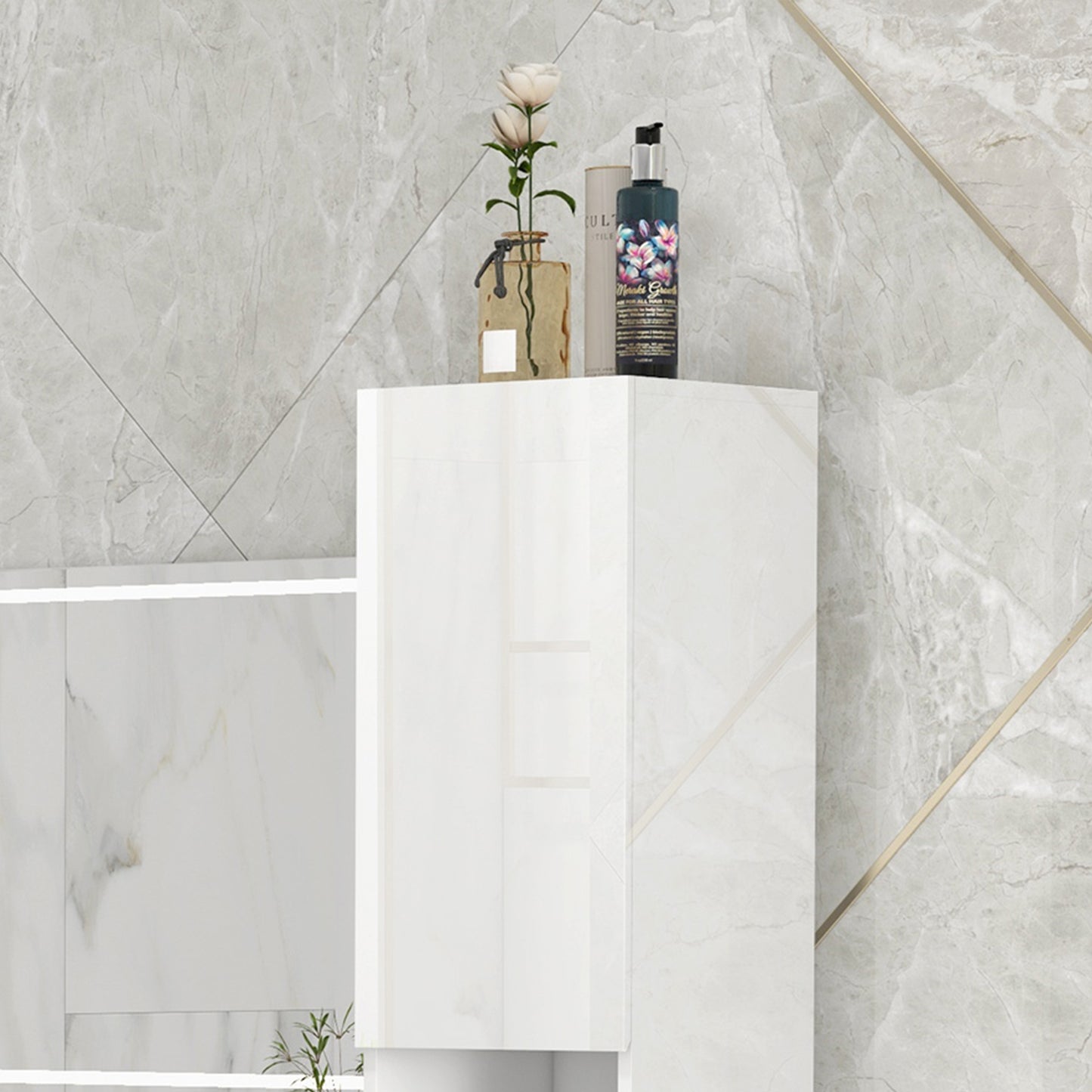 Yoco High Gloss White Freestanding Bathroom Storage Cabinet With Doors And Adjustable Shelves