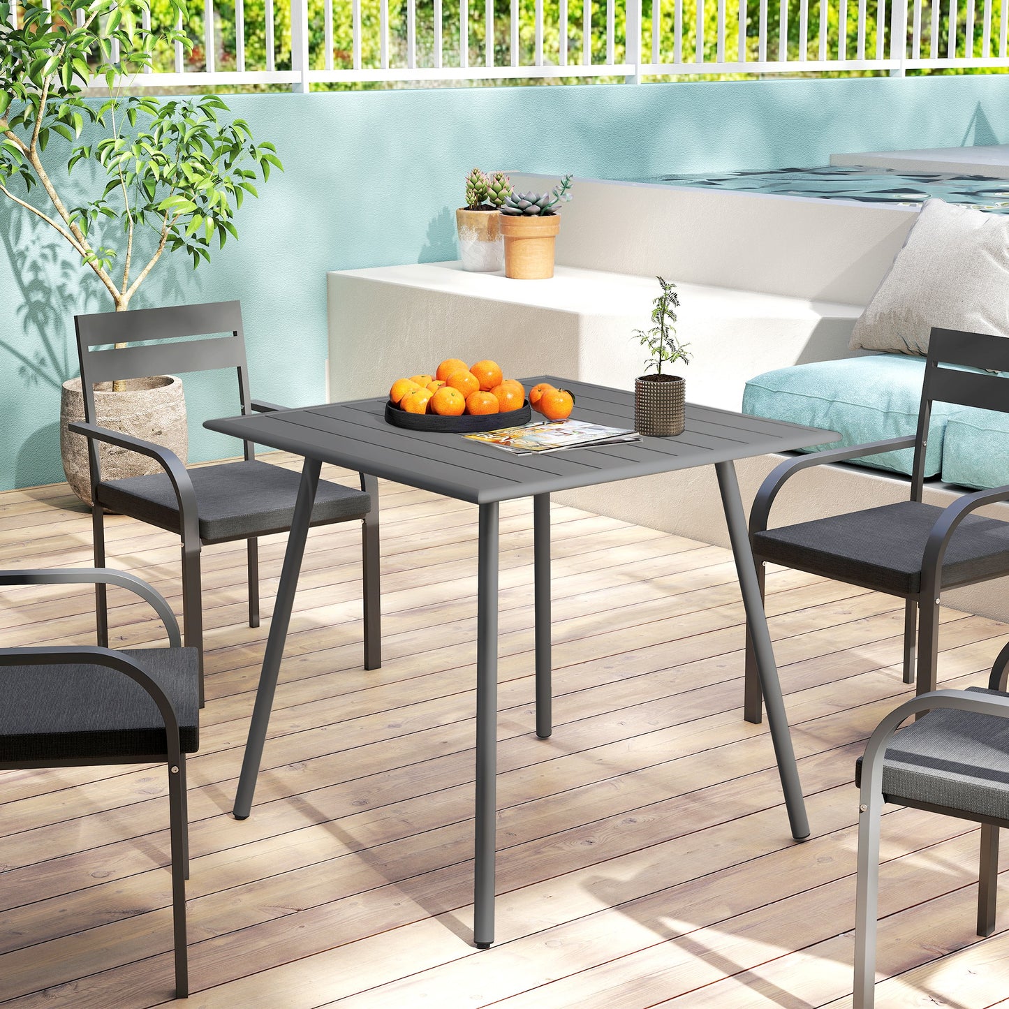 Ledisu 80cm Steel Grey Square Outdoor Dining Table With Slatted Top For 4