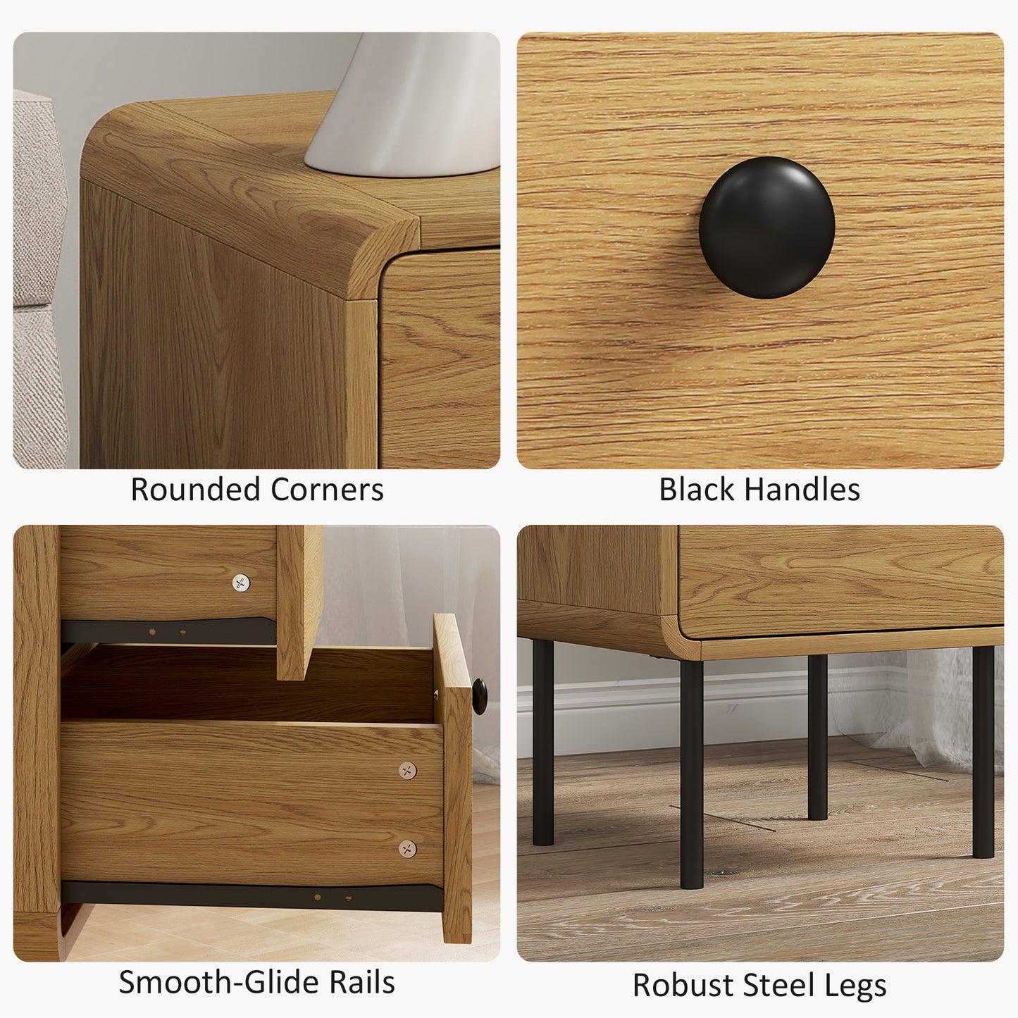 Fafile Lesu Oak Finish Wooden Bedside Table With 2 Drawers And Black Steel Legs