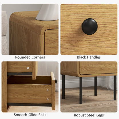 Fafile Lesu Oak Finish Wooden Bedside Table With 2 Drawers And Black Steel Legs