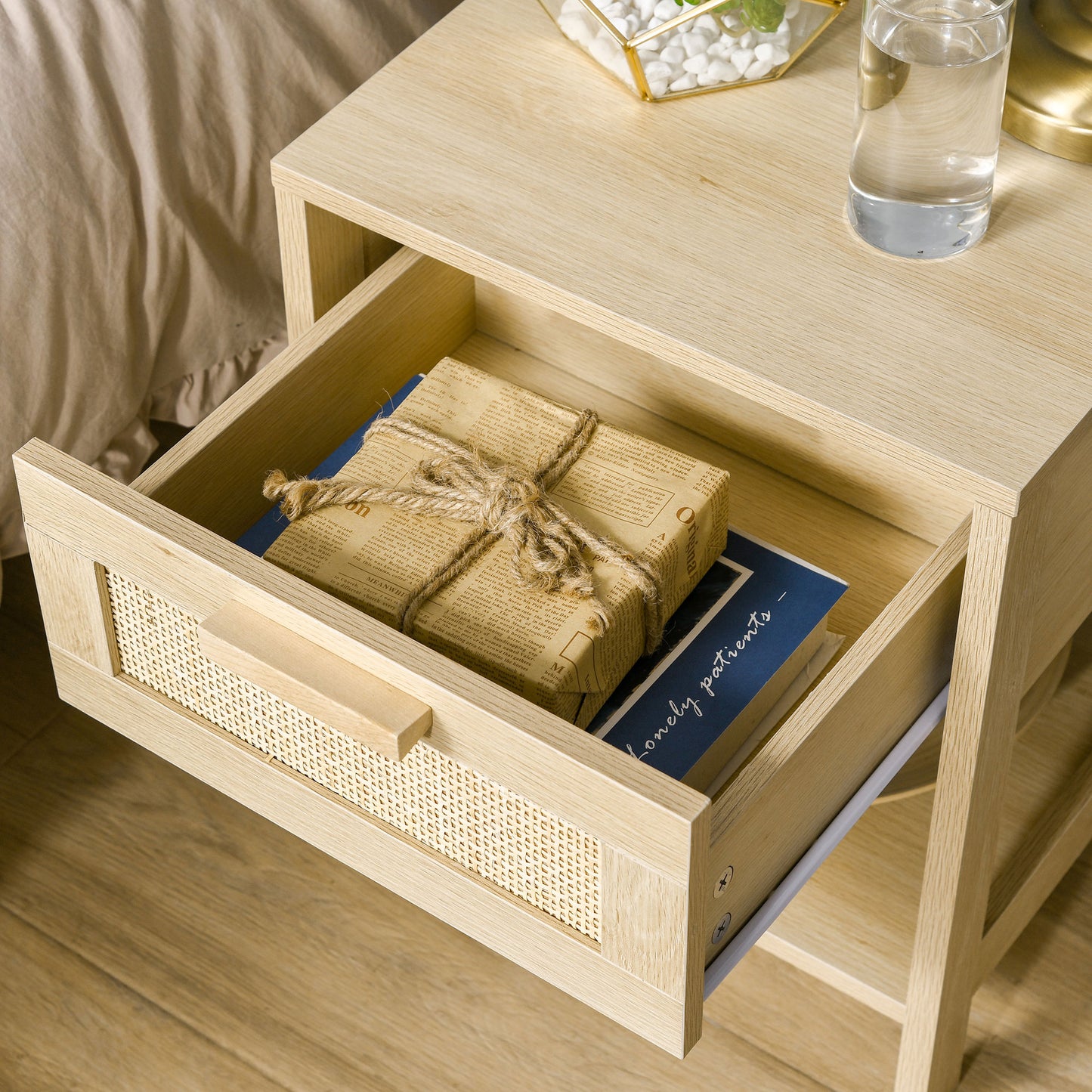 Dilamo Set Of 2 Farmhouse Bedside Tables With Rattan Drawer And Open Shelf