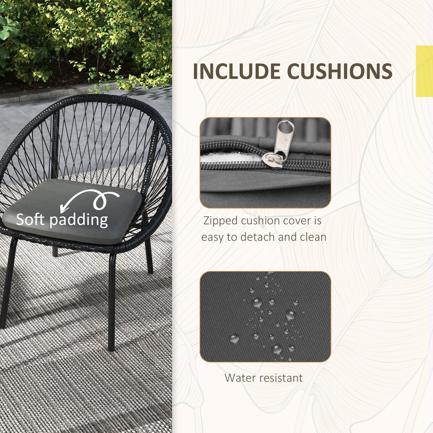 Lukeno Black Rattan Rope 3 Piece Outdoor Bistro Set Table and 2 Chairs Set
