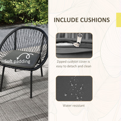 Lukeno Black Rattan Rope 3 Piece Outdoor Bistro Set Table and 2 Chairs Set