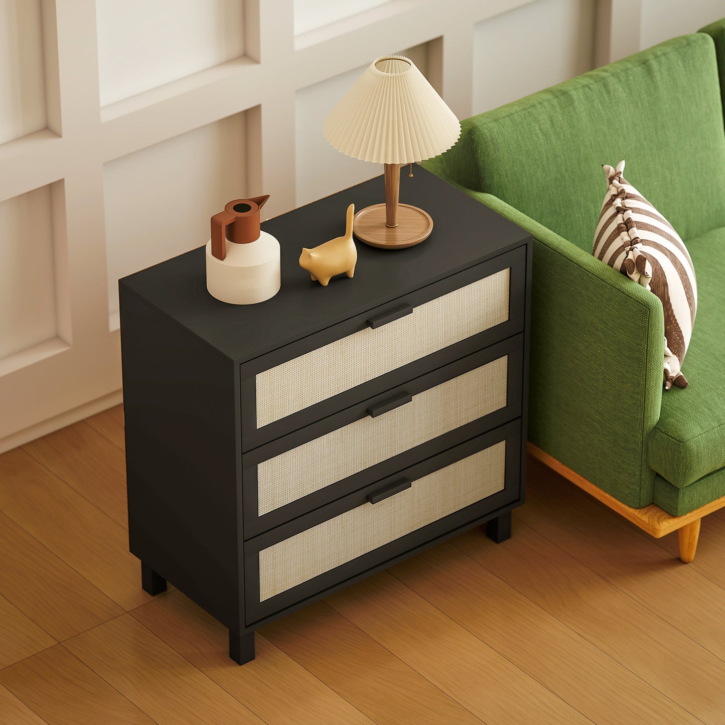 Yorami Wood And Rattan Black 3 Drawer Boho Storage Chest