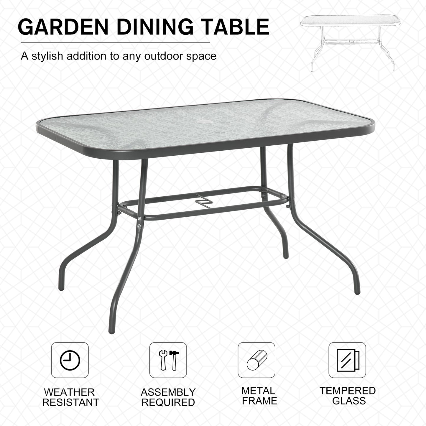 Lemone 120cm Metal Grey Rectangular Garden Dining Table With Glass Top And Parasol Hole