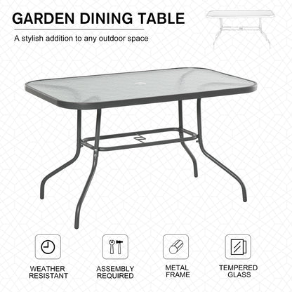 Lemone 120cm Metal Grey Rectangular Garden Dining Table With Glass Top And Parasol Hole