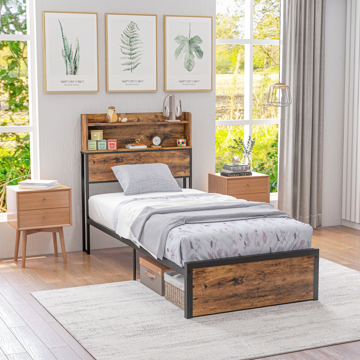 Sata 3FT1 Rustic Brown and Black Industrial Single Bed Frame with Shelves