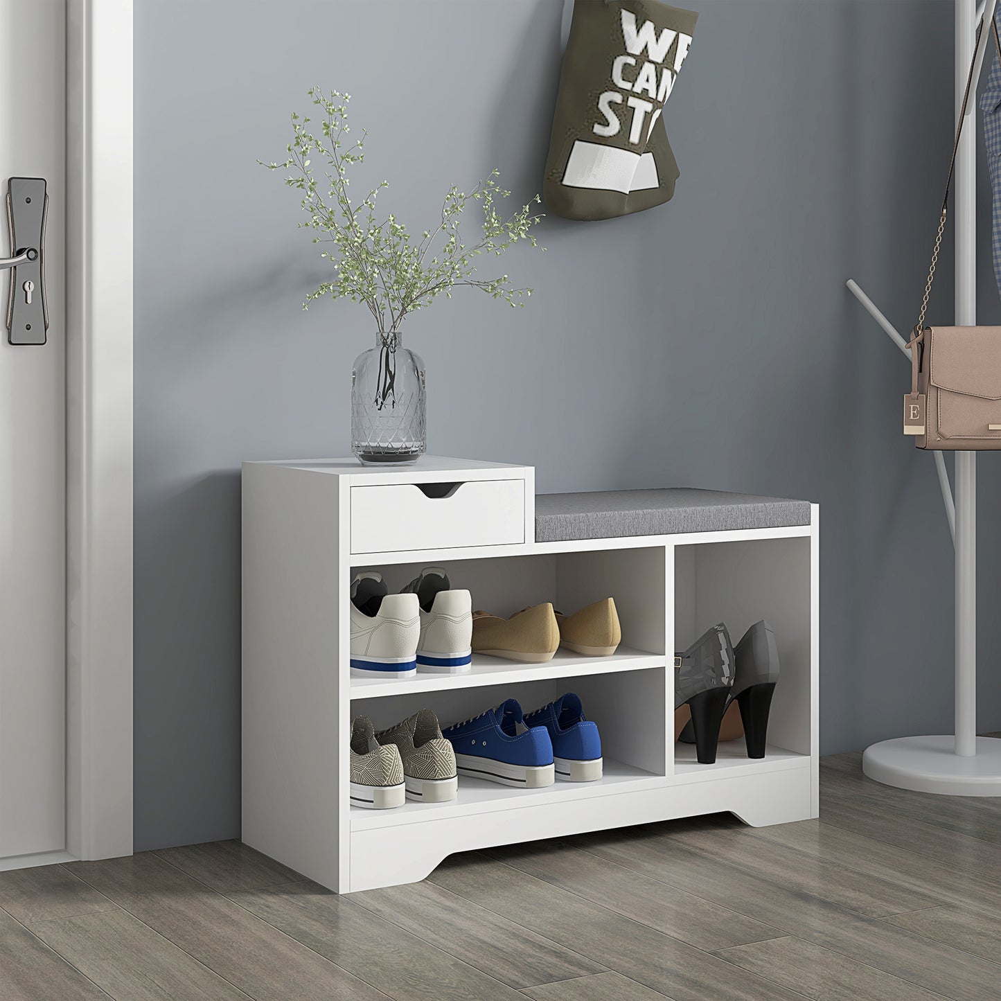 Norata Wooden White Multi Compartment Shoe Bench With Grey Cushioned Seat