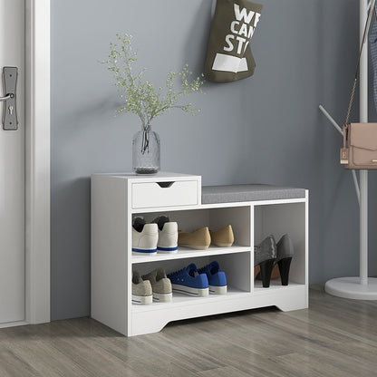 Norata Wooden White Multi Compartment Shoe Bench With Grey Cushioned Seat