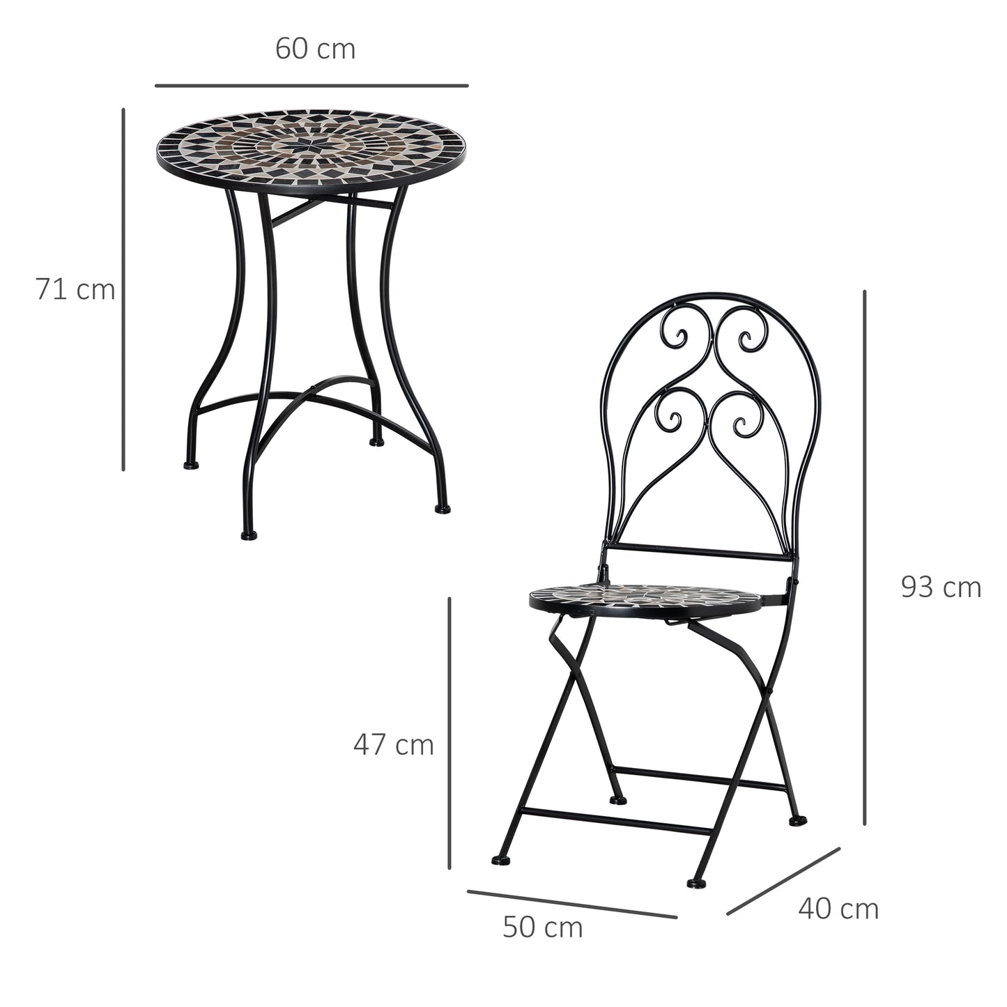 Bamasu 3 Piece Mosaic Garden Bistro Set With Folding Chairs And Coffee Table Black