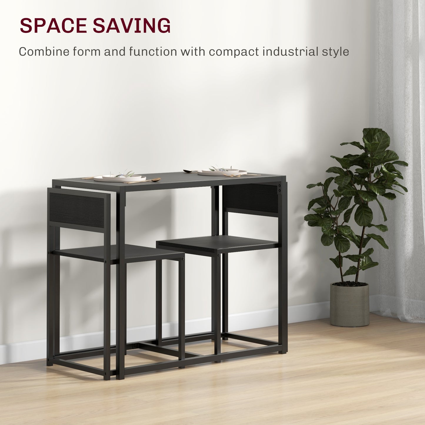 Gafetti Metal And Wood Black Compact Dining Table And Chair Set For Small Kitchens